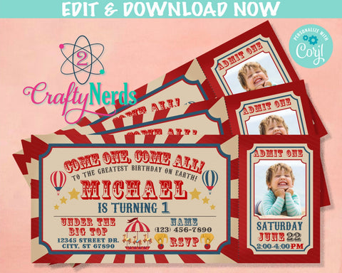 Carnival Ticket Birthday Invitation With Picture, Circus invitation Photo | Editable Instant Download Edit Online NOW Corjl | INSTANT ACCESS