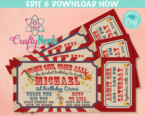 Carnival Ticket Birthday Invitation, Circus Party, Circus invitation | Editable Instant Download | Edit Online NOW Corjl | INSTANT ACCESS