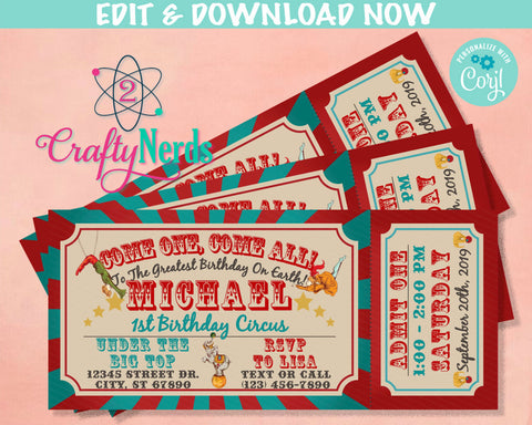 Carnival Ticket Birthday Invitation, Circus Party, Circus invitation | Editable Instant Download | Edit Online NOW Corjl | INSTANT ACCESS