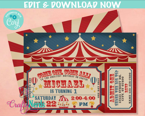 Carnival Circus Birthday Invitation with Tent Top, Circus Carnival | Editable Instant Download | Edit Online NOW Corjl | INSTANT ACCESS