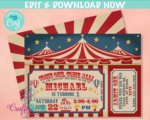 Carnival Circus Birthday Invitation with Tent Top, Circus Carnival | Editable Instant Download | Edit Online NOW Corjl | INSTANT ACCESS