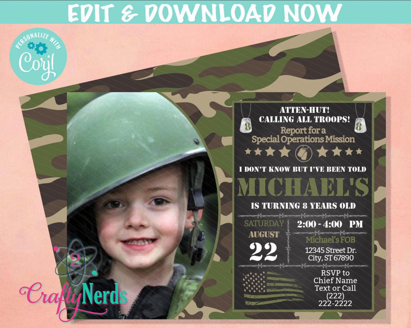 Army Party Birthday Invitation with Photo, Military Party Soldier Party | Editable Instant Download | Edit Online NOW Corjl | INSTANT ACCESS
