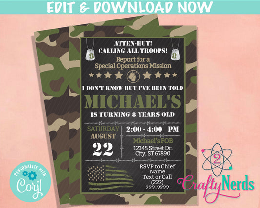 Army Party Birthday Invitation, Military Party, Army Theme, Soldier | Editable Instant Download | Edit Online NOW Corjl | INSTANT ACCESS