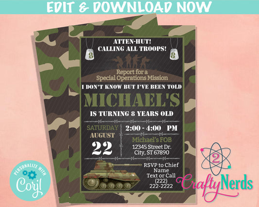 Army Party Birthday Invitation, Military Party, Army Theme, Soldier | Editable Instant Download | Edit Online NOW Corjl | INSTANT ACCESS