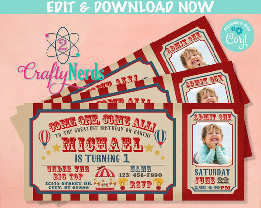 Carnival Ticket Birthday Invitation With Picture, Circus invitation Photo | Editable Instant Download Edit Online NOW Corjl | INSTANT ACCESS
