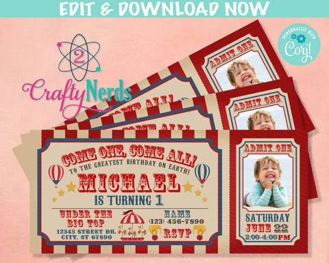 Carnival Ticket Birthday Invitation With Picture, Circus invitation Photo | Editable Instant Download Edit Online NOW Corjl | INSTANT ACCESS