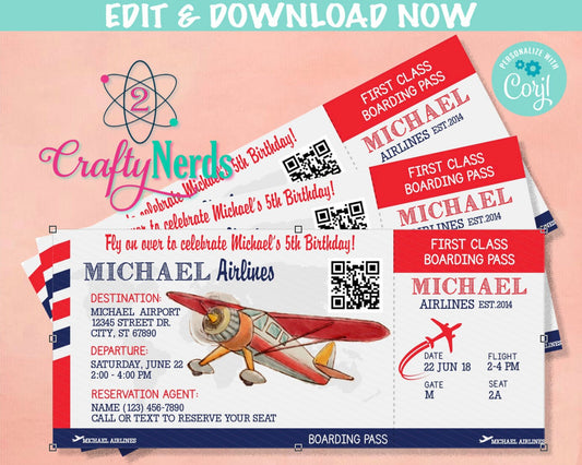 Airplane Ticket Birthday Invitation, Airplane Party, Plane invitation | Editable Instant Download | Edit Online NOW Corjl | INSTANT ACCESS