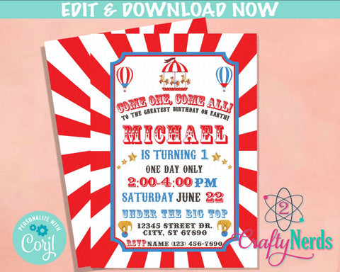 Carnival Circus Birthday Invitation, Circus Party, Carnival Theme | Editable Instant Download | Edit Online NOW Corjl | INSTANT ACCESS