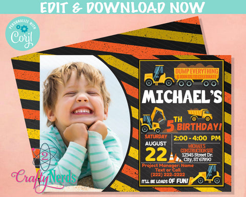 Construction Birthday Invitation with Photo, Construction Party Theme | Editable Instant Download | Edit Online NOW Corjl | INSTANT ACCESS