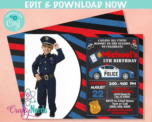 Police Birthday Invitation with Photo, Police Party, Cop invitation | Editable Instant Download | Edit Online NOW Corjl | INSTANT ACCESS