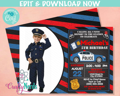 Police Birthday Invitation with Photo, Police Party, Cop invitation | Editable Instant Download | Edit Online NOW Corjl | INSTANT ACCESS