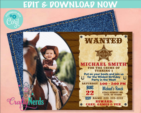 Wanted Cowboy Wild West Birthday Invitation With Photo, Western Party | Editable Instant Download | Edit Online NOW Corjl | INSTANT ACCESS