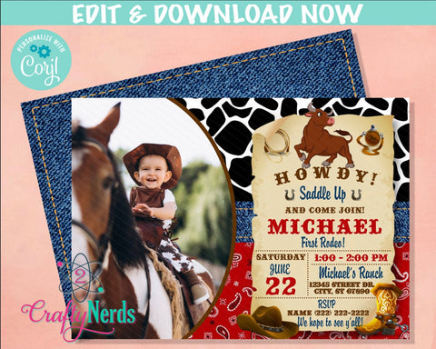 Rodeo Bull Cowboy Wild West Birthday Invitation With Photo, Western | Editable Instant Download | Edit Online NOW Corjl | INSTANT ACCESS