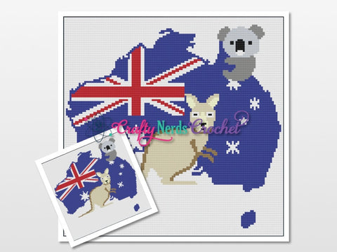 Australia Flag with Kangaroo and Koala Pattern Graph With Mini C2C Written, Australia Graphgan, Australia Blanket, Australia Crochet Pattern