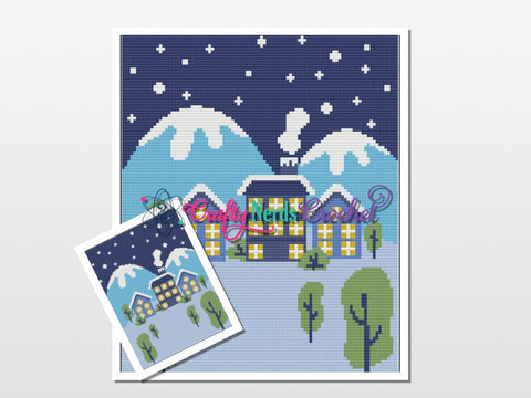 Winter House in the Mountains and Falling Snow Pattern Graph With Mini C2C Written, Winter Snow Graphgan, Snow Blanket, Crochet Pattern