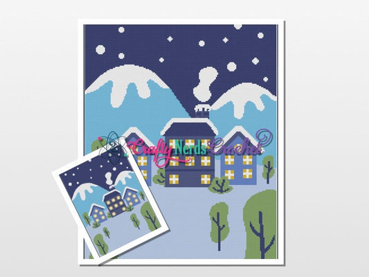 Winter House in the Mountains and Falling Snow Pattern Graph With Single Crochet and TSS Written, Graphgan, Throw Blanket, Crochet Pattern