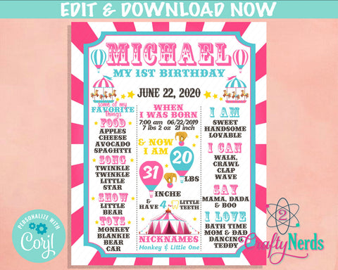 Tent Carnival Circus Birthday Sign Circus Birthday Board Milestone Sign | Editable Instant Download | Edit Online NOW Corjl | INSTANT ACCESS