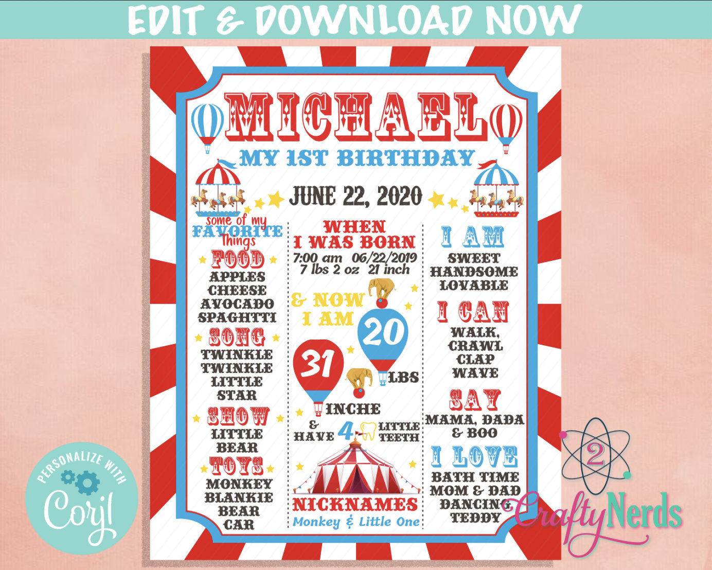 Tent Carnival Circus Birthday Sign Circus Birthday Board Milestone Sign | Editable Instant Download | Edit Online NOW Corjl | INSTANT ACCESS