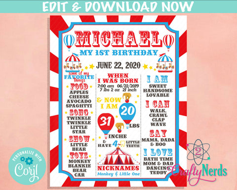 Tent Carnival Circus Birthday Sign Circus Birthday Board Milestone Sign | Editable Instant Download | Edit Online NOW Corjl | INSTANT ACCESS