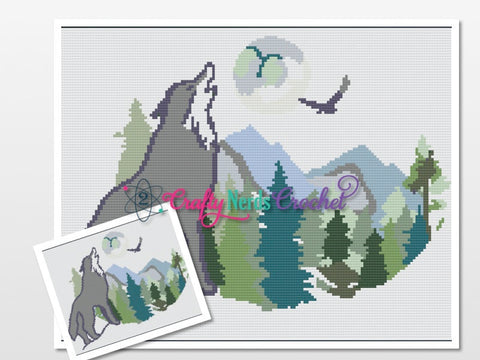 Howling Wolf Mountains Pattern Graph With Single Crochet and TSS written, Wolf Graphgan, Wolf Blanket, Wolf Crochet Pattern, Wolf Pattern