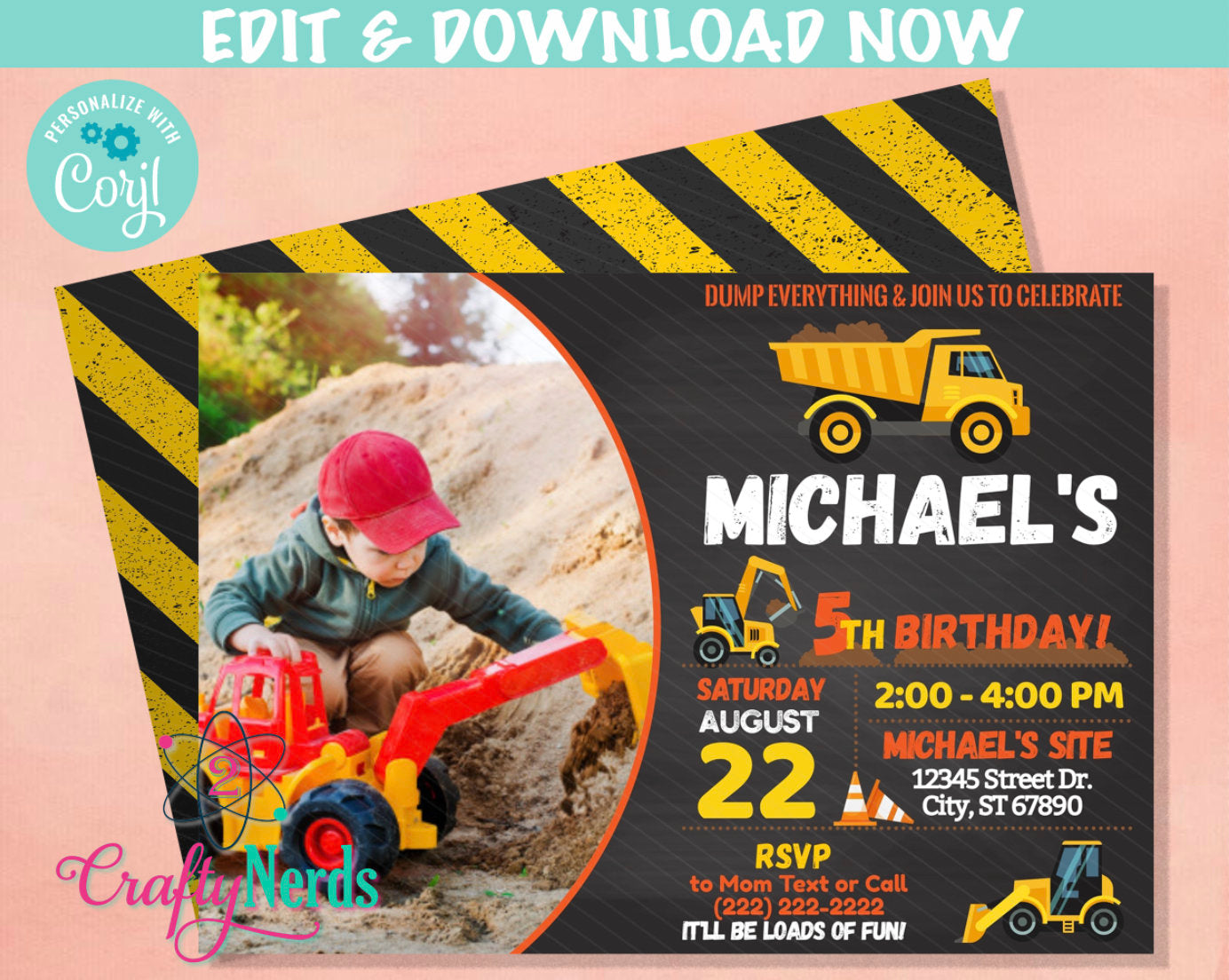 Construction Birthday Invitation with Photo, Construction Party Theme | Editable Instant Download | Edit Online NOW Corjl | INSTANT ACCESS