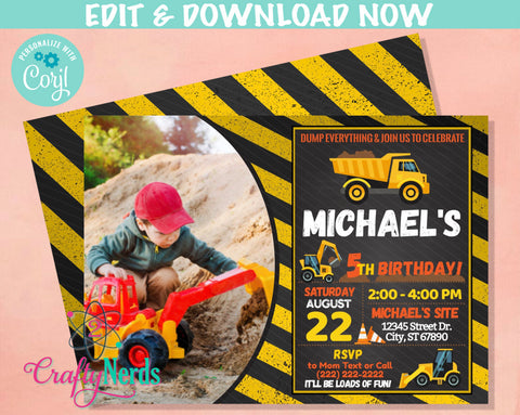 Construction Birthday Invitation with Photo, Construction Party Theme | Editable Instant Download | Edit Online NOW Corjl | INSTANT ACCESS