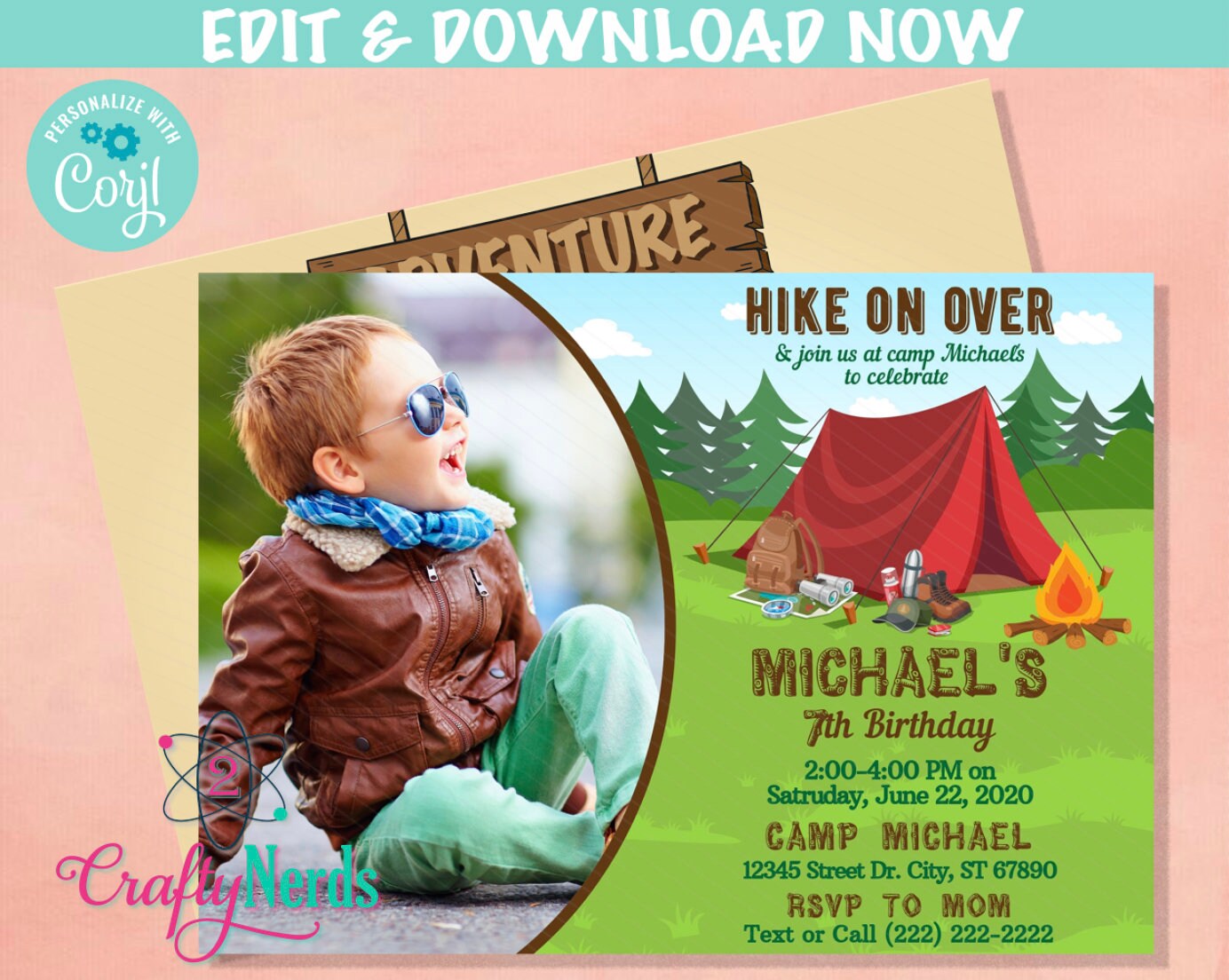 Camping Party Birthday Invitation With Photo, Park Party, Camping Theme | Editable Instant Download | Edit Online NOW Corjl | INSTANT ACCESS