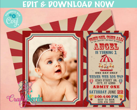 Carnival Ticket Birthday Invitation with photo Vintage Circus invitation| Editable Instant Download | Edit Online NOW Corjl | INSTANT ACCESS