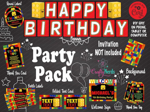 Building Blocks Birthday Party Pack, Labels Tags Banner Colorful Bricks | Editable Instant Download | Edit Online NOW Corjl | INSTANT ACCESS