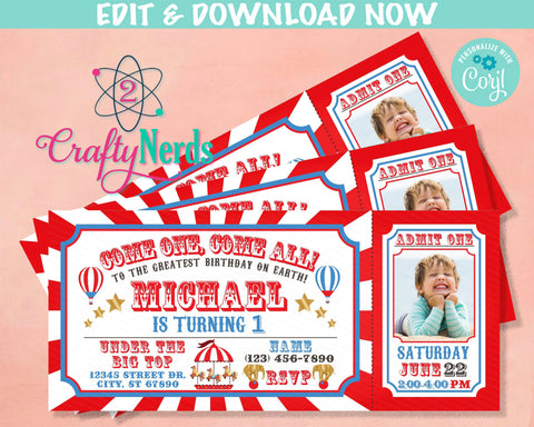 Carnival Ticket Birthday Invitation With Picture, Circus invitation Photo | Editable Instant Download Edit Online NOW Corjl | INSTANT ACCESS