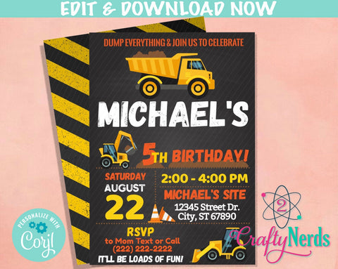 Construction Birthday Invitation, Construction Party Construction Theme | Editable Instant Download | Edit Online NOW Corjl | INSTANT ACCESS