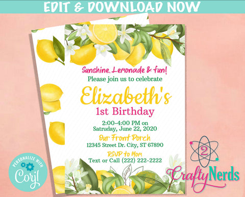 Lemon Party Birthday Invitation, Lemonade Party, Lemon Theme, Summer | Editable Instant Download | Edit Online NOW Corjl | INSTANT ACCESS