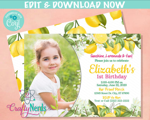 Lemon Party Birthday Invitation With Photo, Lemonade Party, Summer | Editable Instant Download | Edit Online NOW Corjl | INSTANT ACCESS