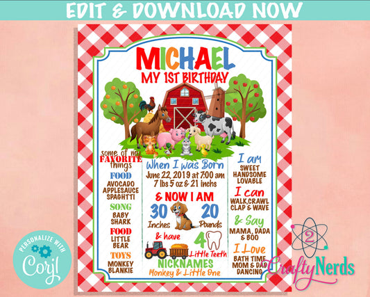 Farm Birthday Sign, Farm animals Birthday Board Milestone Birthday Sign | Editable Instant Download | Edit Online NOW Corjl | INSTANT ACCESS