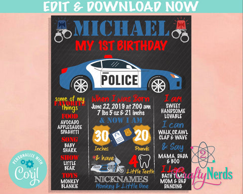 Police Car Birthday Sign, Police Birthday Board Milestone Birthday Sign | Editable Instant Download | Edit Online NOW Corjl | INSTANT ACCESS