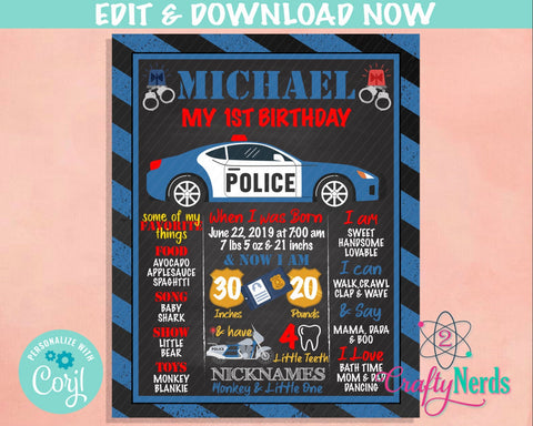 Police Car Birthday Sign, Police Birthday Board Milestone Birthday Sign | Editable Instant Download | Edit Online NOW Corjl | INSTANT ACCESS