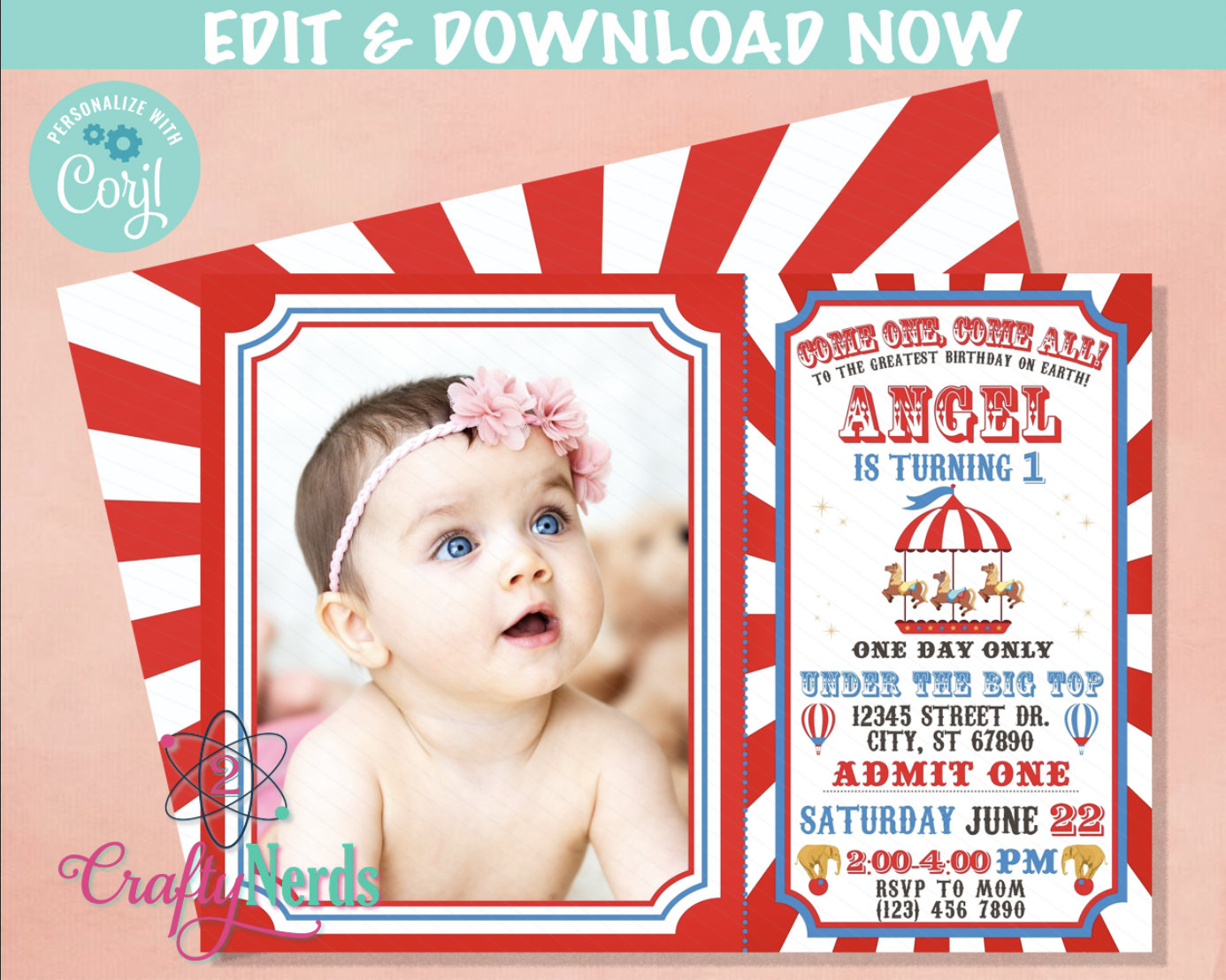 Carnival Ticket Birthday Invitation with photo, Circus invitation | Editable Instant Download | Edit Online NOW Corjl | INSTANT ACCESS