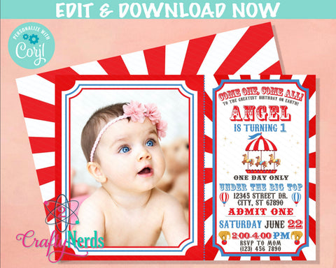 Carnival Ticket Birthday Invitation with photo, Circus invitation | Editable Instant Download | Edit Online NOW Corjl | INSTANT ACCESS