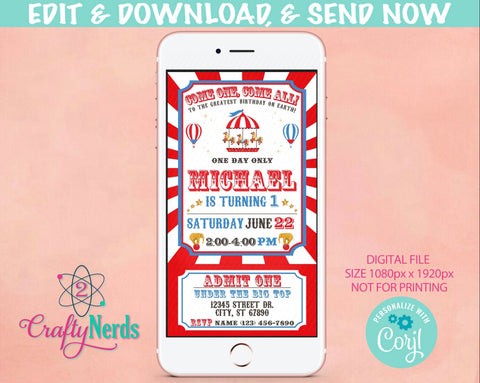 Circus Carnival Ticket Birthday Party Electronic Invitation, Evite | Editable Instant Download | Edit Online NOW Corjl | INSTANT ACCESS