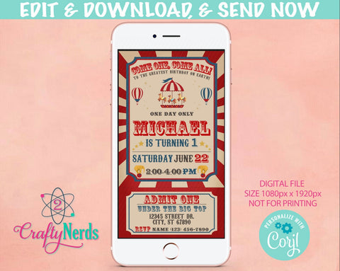 Circus Carnival Ticket Birthday Party Electronic Invitation, Evite | Editable Instant Download | Edit Online NOW Corjl | INSTANT ACCESS