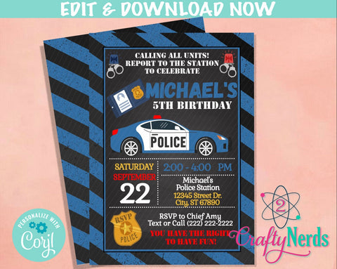 Police Birthday Invitation, Police Party, Cop Theme, Police Theme | Editable Instant Download | Edit Online NOW Corjl | INSTANT ACCESS