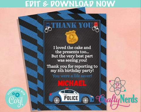 Police Birthday Thank You Card, Police Thank You Card, Police Birthday | Editable Instant Download | Edit Online NOW Corjl | INSTANT ACCESS