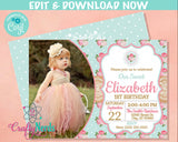 Shabby Chic Birthday Invitation With photo Pink Turquoise Shabby Chic| Editable Instant Download | Edit Online NOW Corjl | INSTANT ACCESS T1