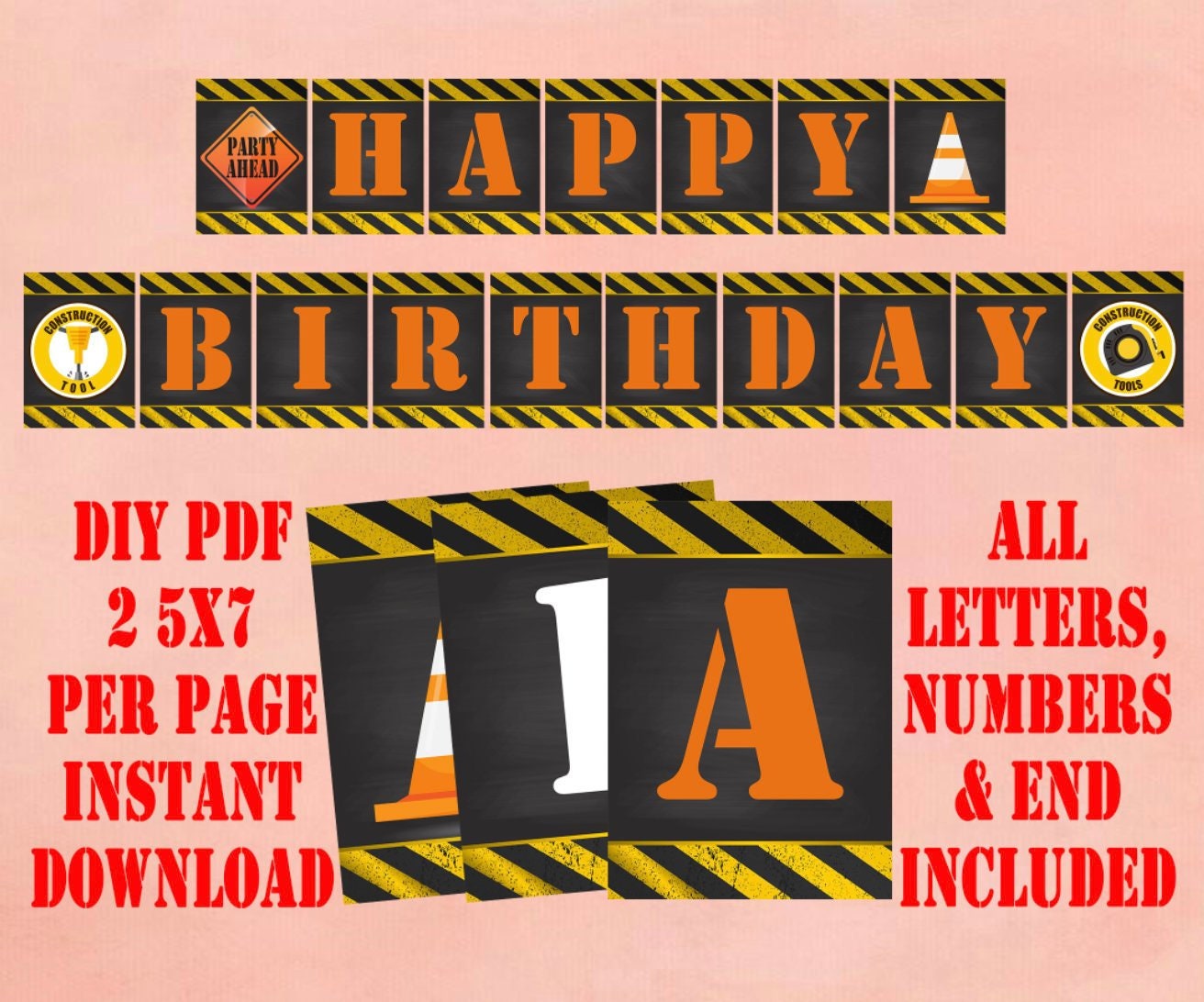 Construction Banner All Letters Numbers and Ends, INSTANT DOWNLOAD, Digital PDF File, Construction Birthday Banner, Construction Banner