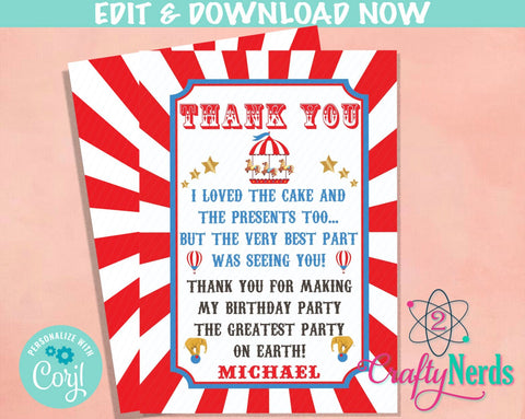 Circus Carnival Birthday Thank You Card, Circus Thank You Card Carnival | Editable Instant Download | Edit Online NOW Corjl | INSTANT ACCESS