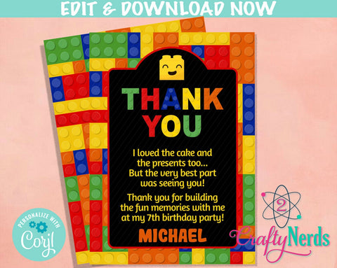 Building Blocks Birthday Thank You Card, Blocks Thank You Card | Editable Instant Download | Edit Online NOW Corjl | INSTANT ACCESS