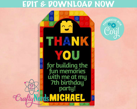 Building Blocks Birthday Thank You Tag, Blocks Birthday Tag Favor Label | Editable Instant Download | Edit Online NOW Corjl | INSTANT ACCESS