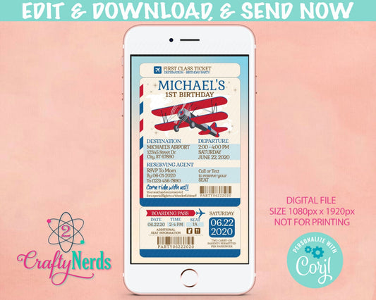 Airplane Ticket Birthday Party Electronic Invitation, Airplane Evite | Editable Instant Download | Edit Online NOW Corjl | INSTANT ACCESS