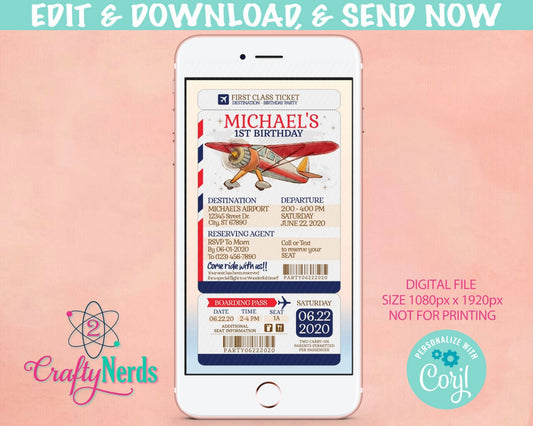 Airplane Ticket Birthday Party Electronic Invitation, Airplane Evite | Editable Instant Download | Edit Online NOW Corjl | INSTANT ACCESS