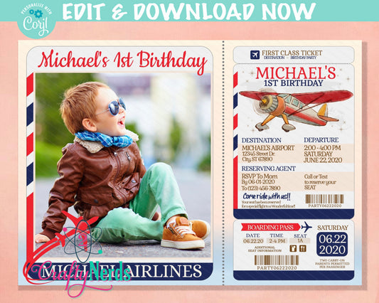 Airplane Ticket Birthday Invitation With Photo, Airplane Party, Vintage | Editable Instant Download | Edit Online NOW Corjl | INSTANT ACCESS